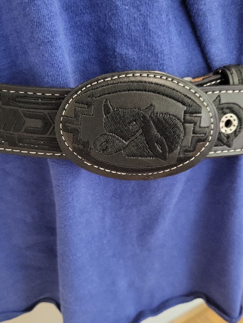 Men's JM Black Leather Western Belt with Embroidered Oval Buckle Size 42